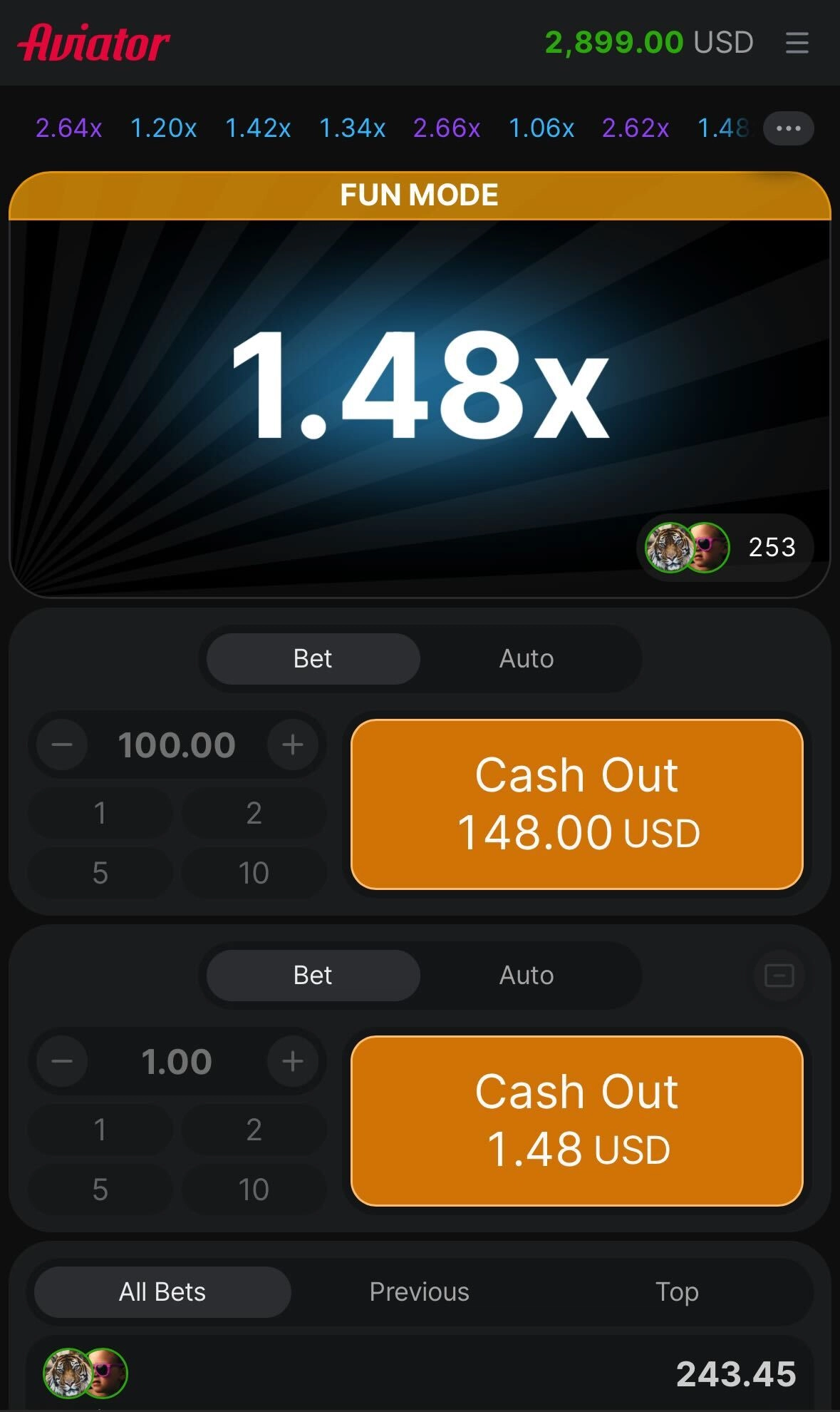 Aviator mobile version button layout showing split bet game round.