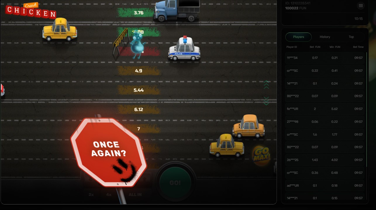 Interface du jeu Chicken Crash montrant le poulet traversant la route dangereuse.