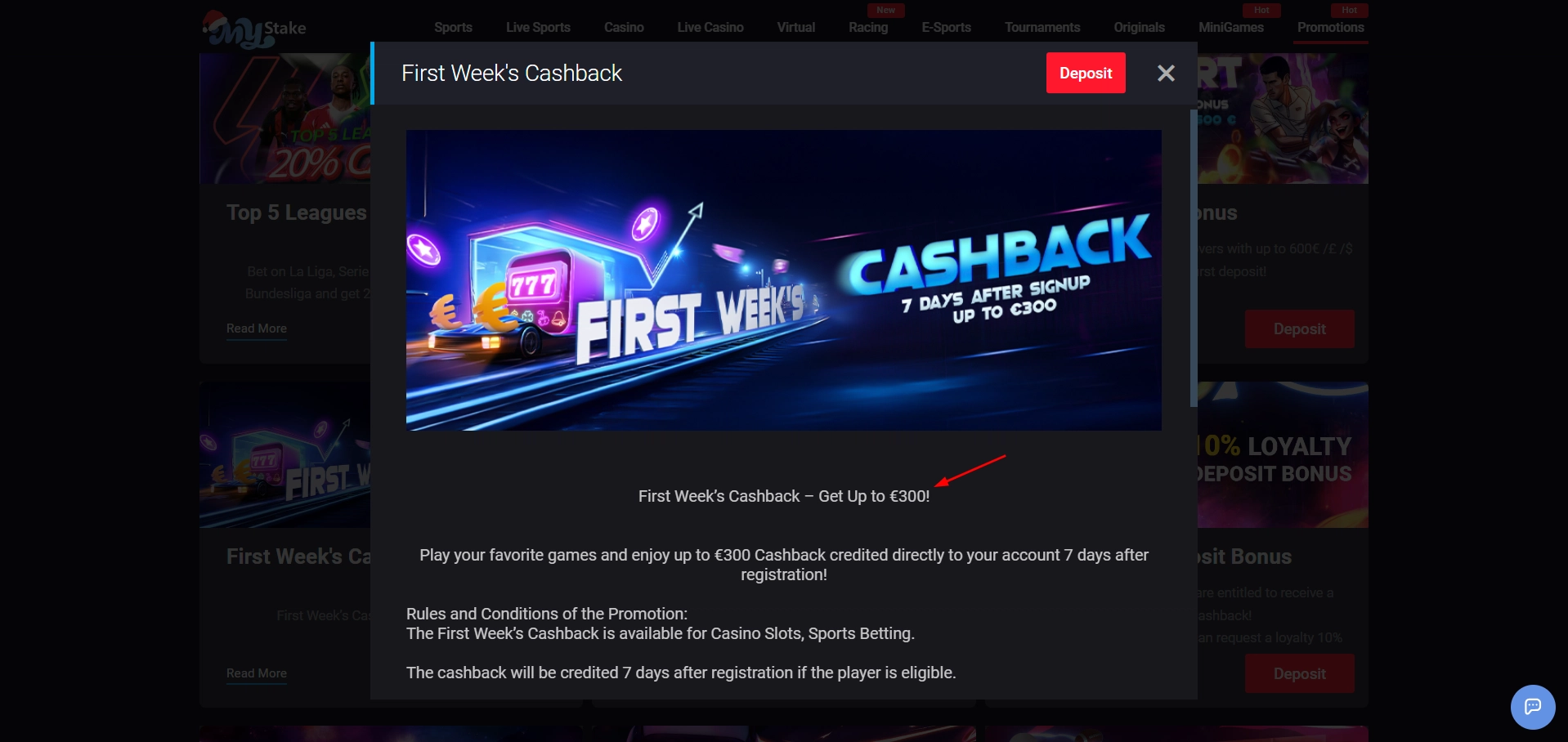 Promotional banner for MyStake casino first week cashback bonus up to £300.