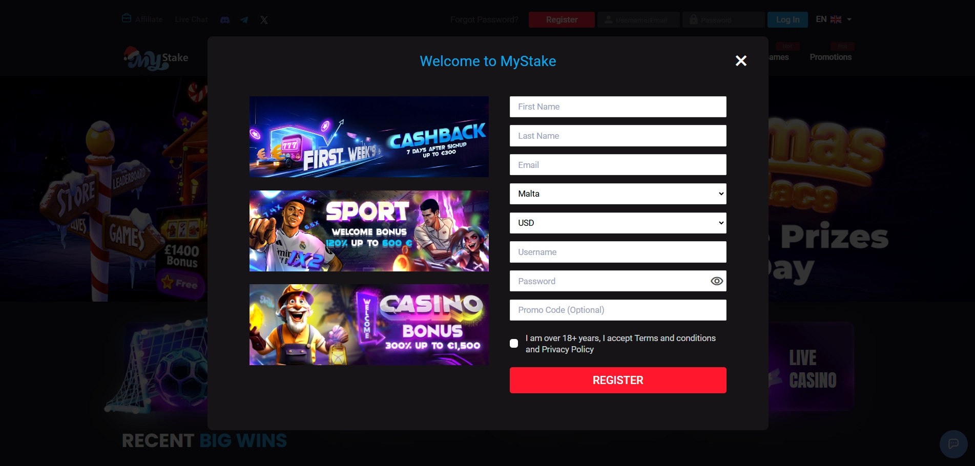 MyStake casino registration form highlighting welcome bonuses and weekly cashback promotion details.