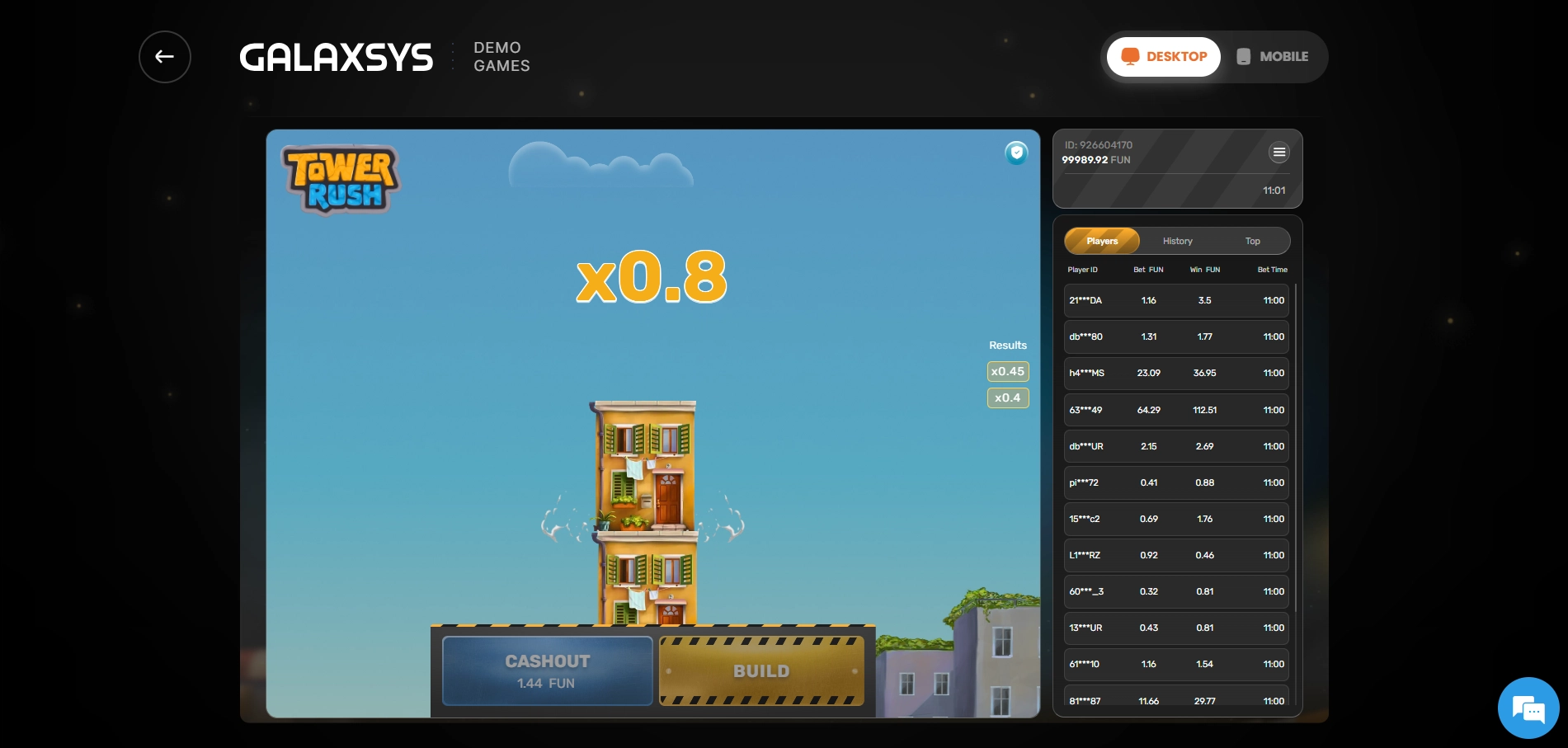 Tower Rush by Galaxsys game screen with active build and cashout buttons.