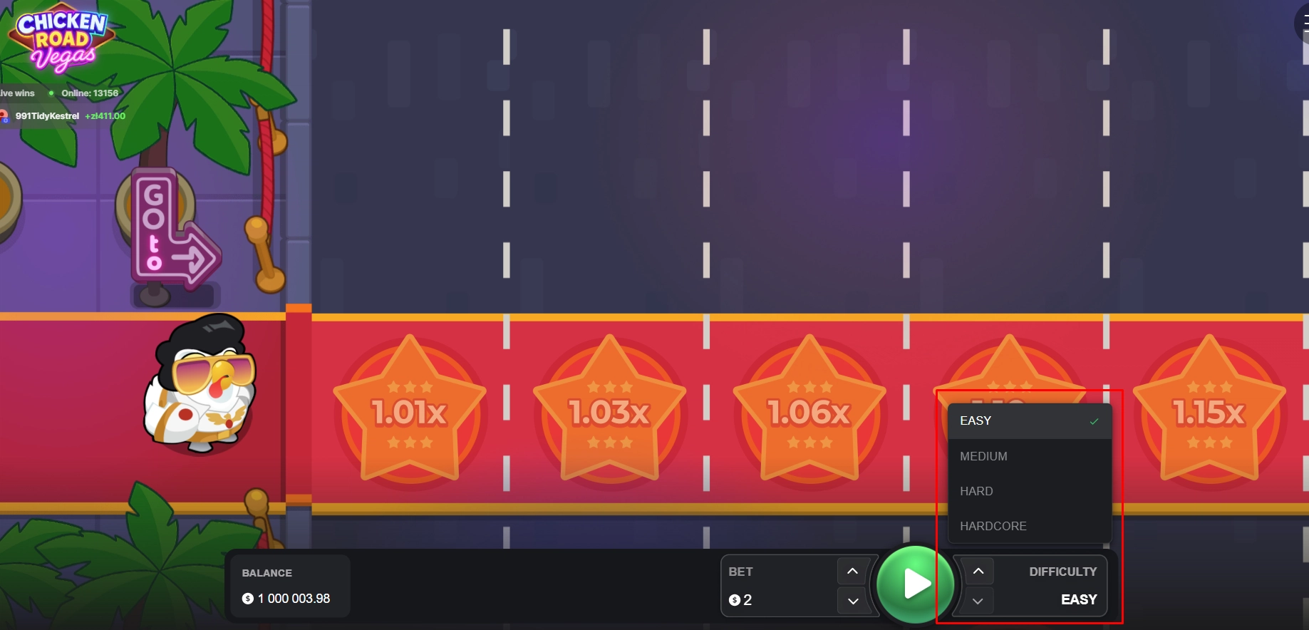 Display of the four difficulty modes from Easy to Hardcore in Chicken Road Vegas