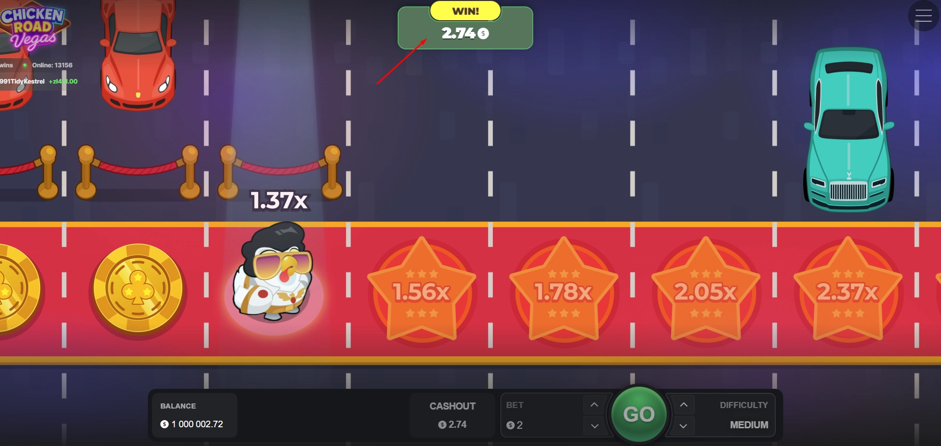 Visual of a successful payout multiplier achieved in the Vegas chicken crash game