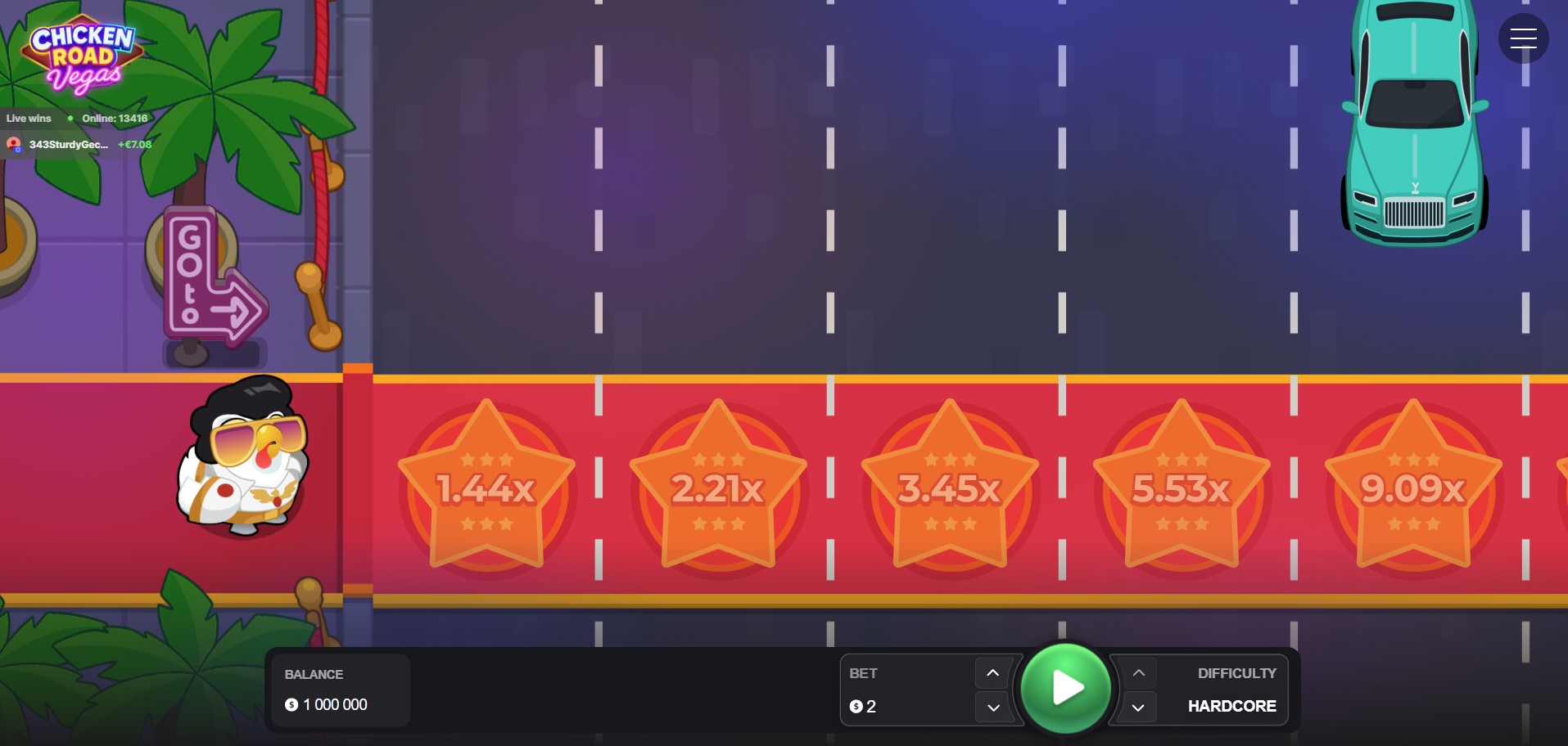 Aperçu du jeu Chicken Road Vegas avec son personnage principal le poulet