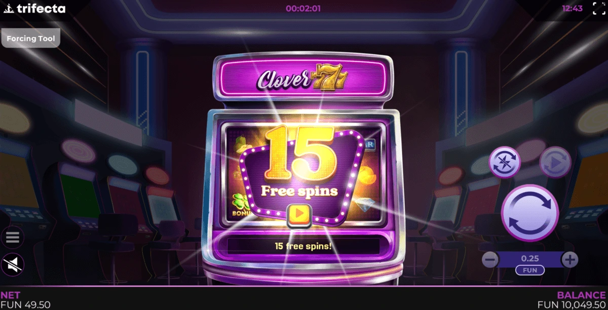 Déclenchement du mode bonus Free Spins sur la machine à sous Clover 777.