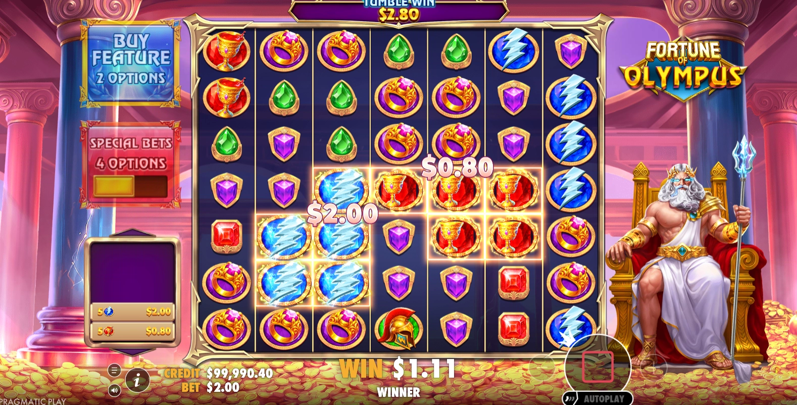 Multiple payouts triggered by matching clusters during a high voltage round in Fortune of Olympus.
