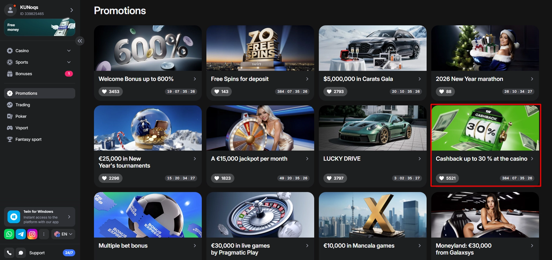 1Win casino bonuses page showing the thirty percent weekly cashback bonus