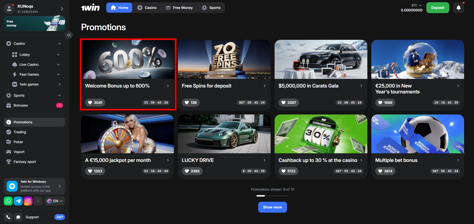 1Win casino bonuses page featuring welcome offer up to six hundred percent