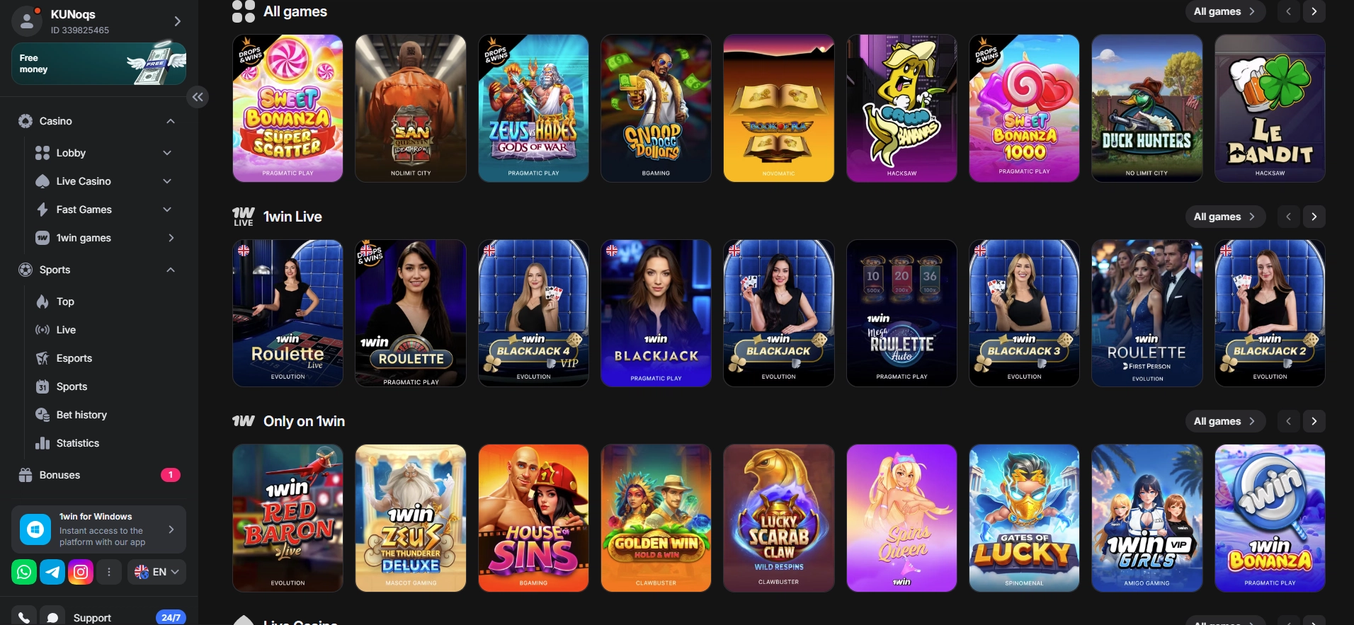 Official 1Win casino homepage overview showing main menu and featured games