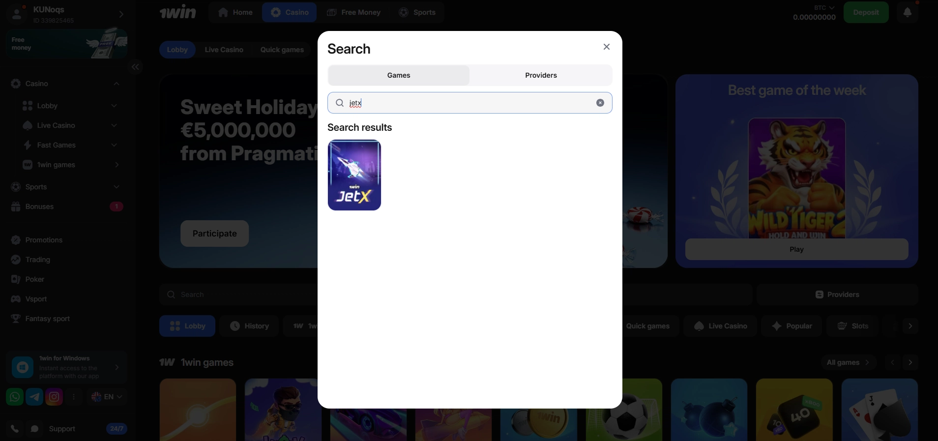Using search bar to locate JetX game in the 1Win casino lobby