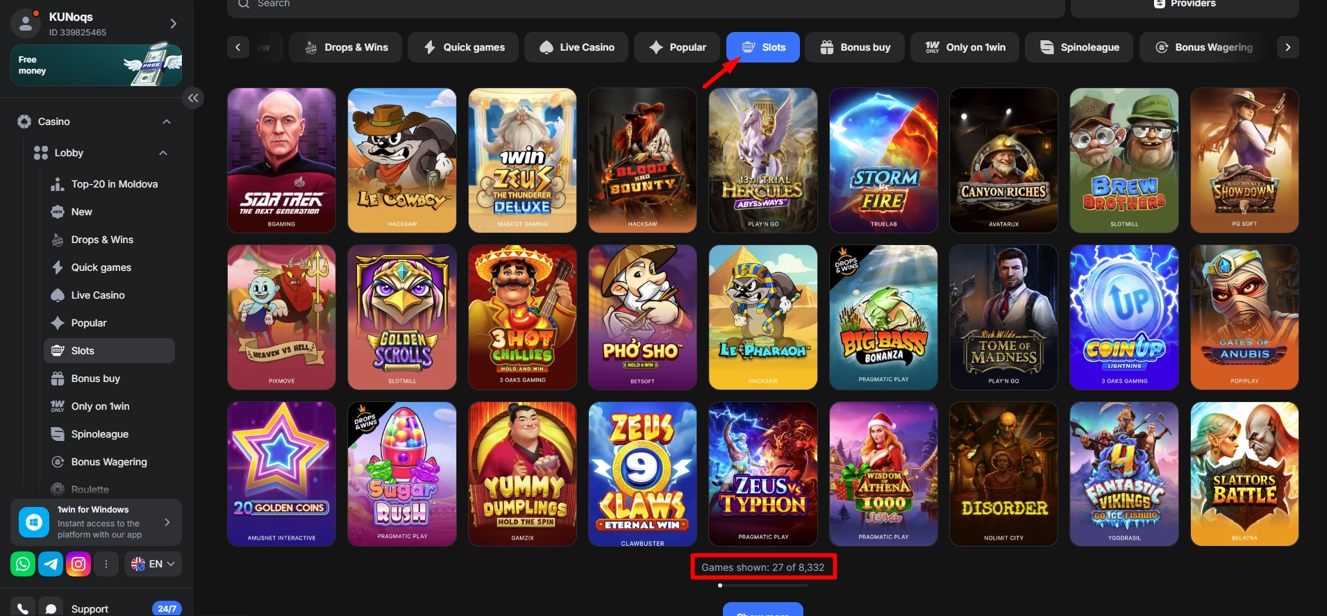 Extensive 1Win casino library displaying thousands of online slots and crash games.