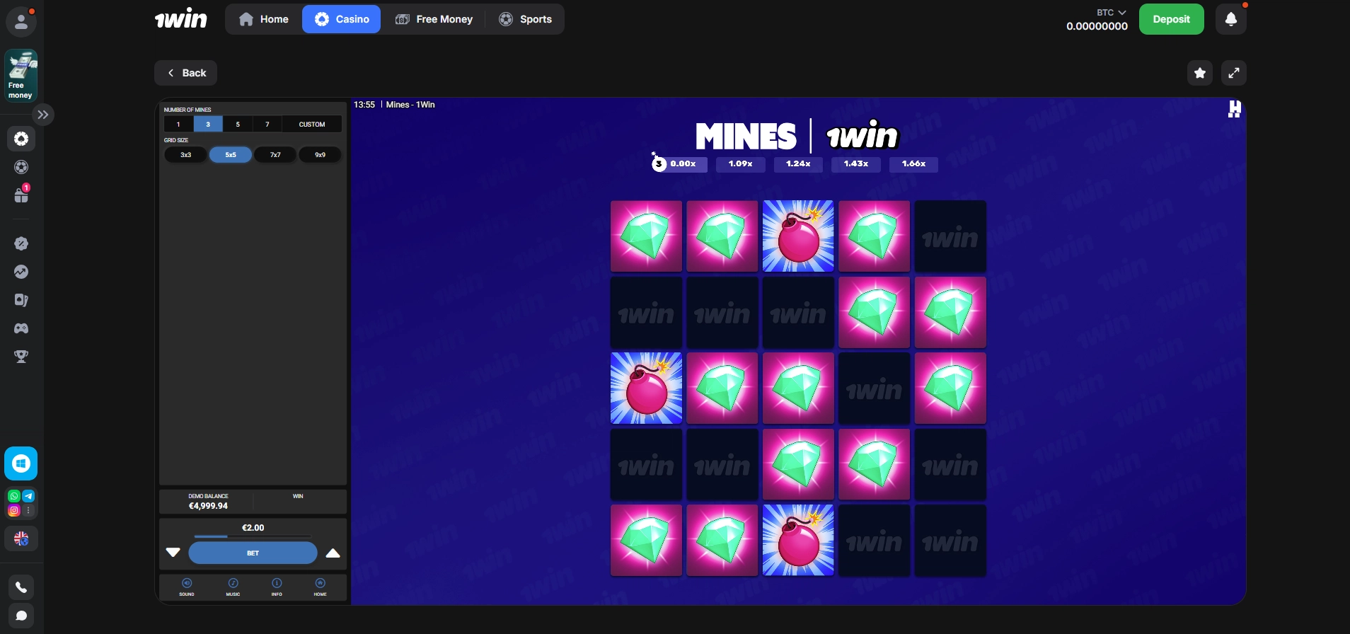 Hitting a bomb while playing Mines on a five by five grid.