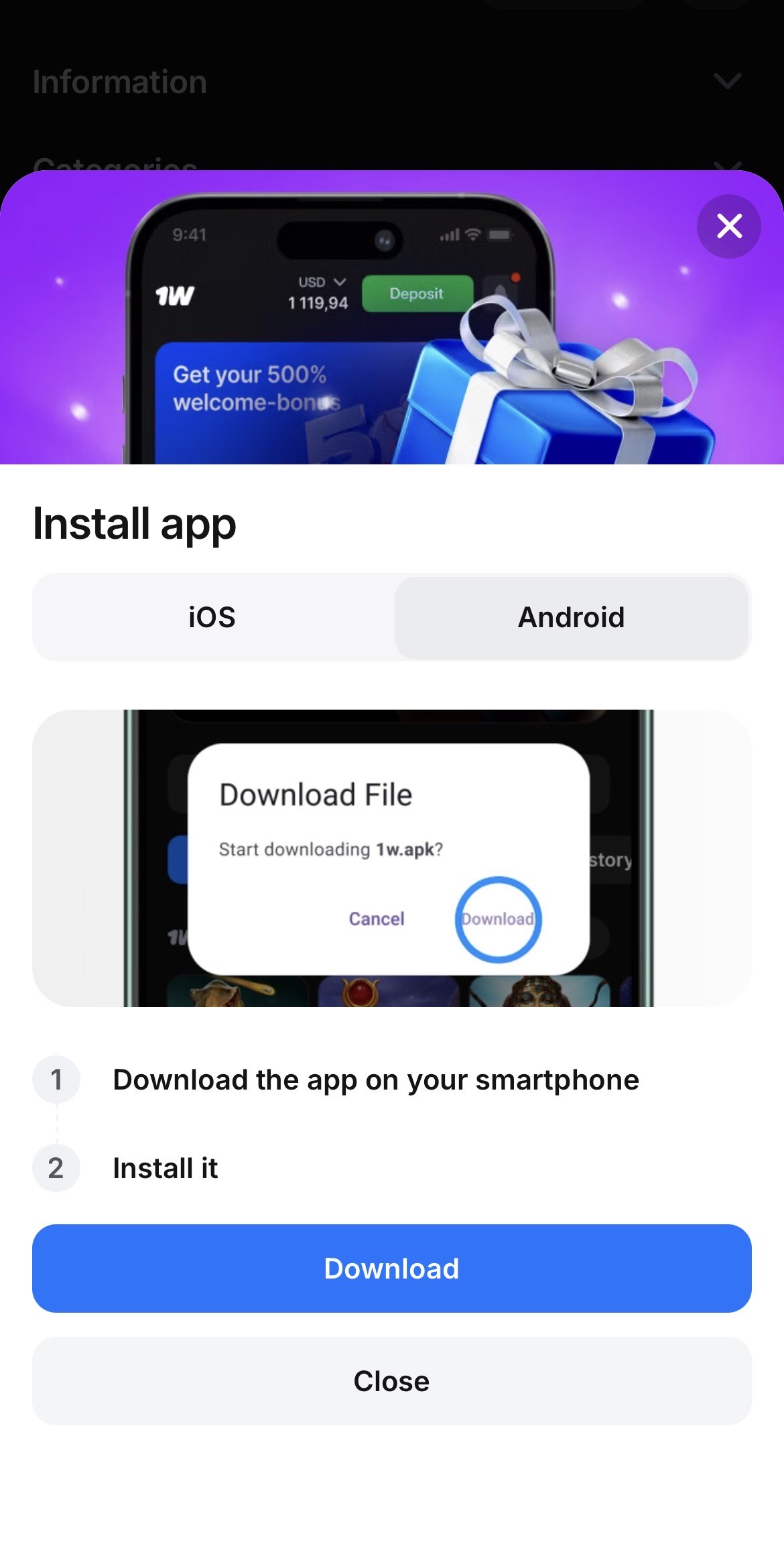 Mobile interface showing location of 1Win app download button for iOS users.