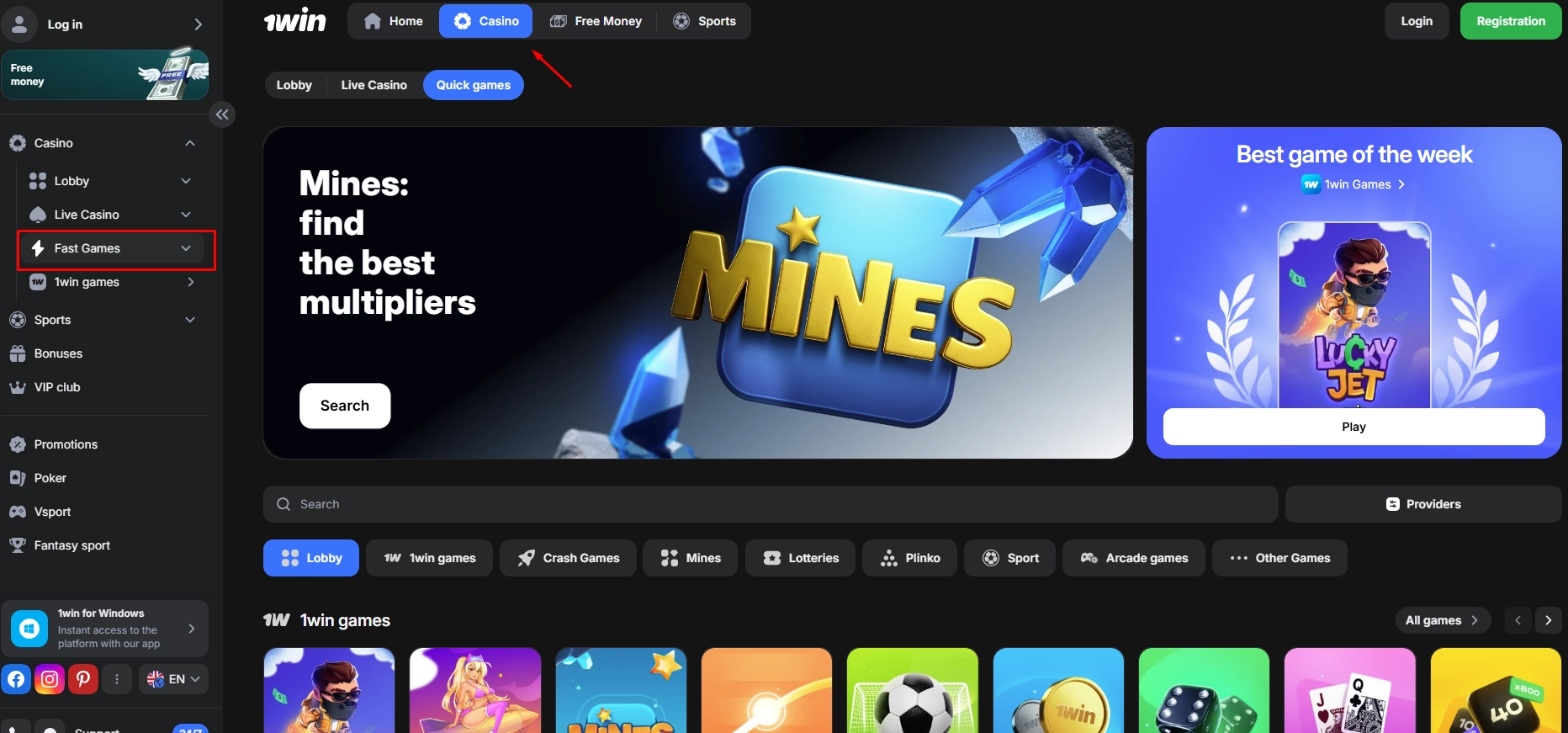 Overview of instant win games selection available at 1Win Casino lobby