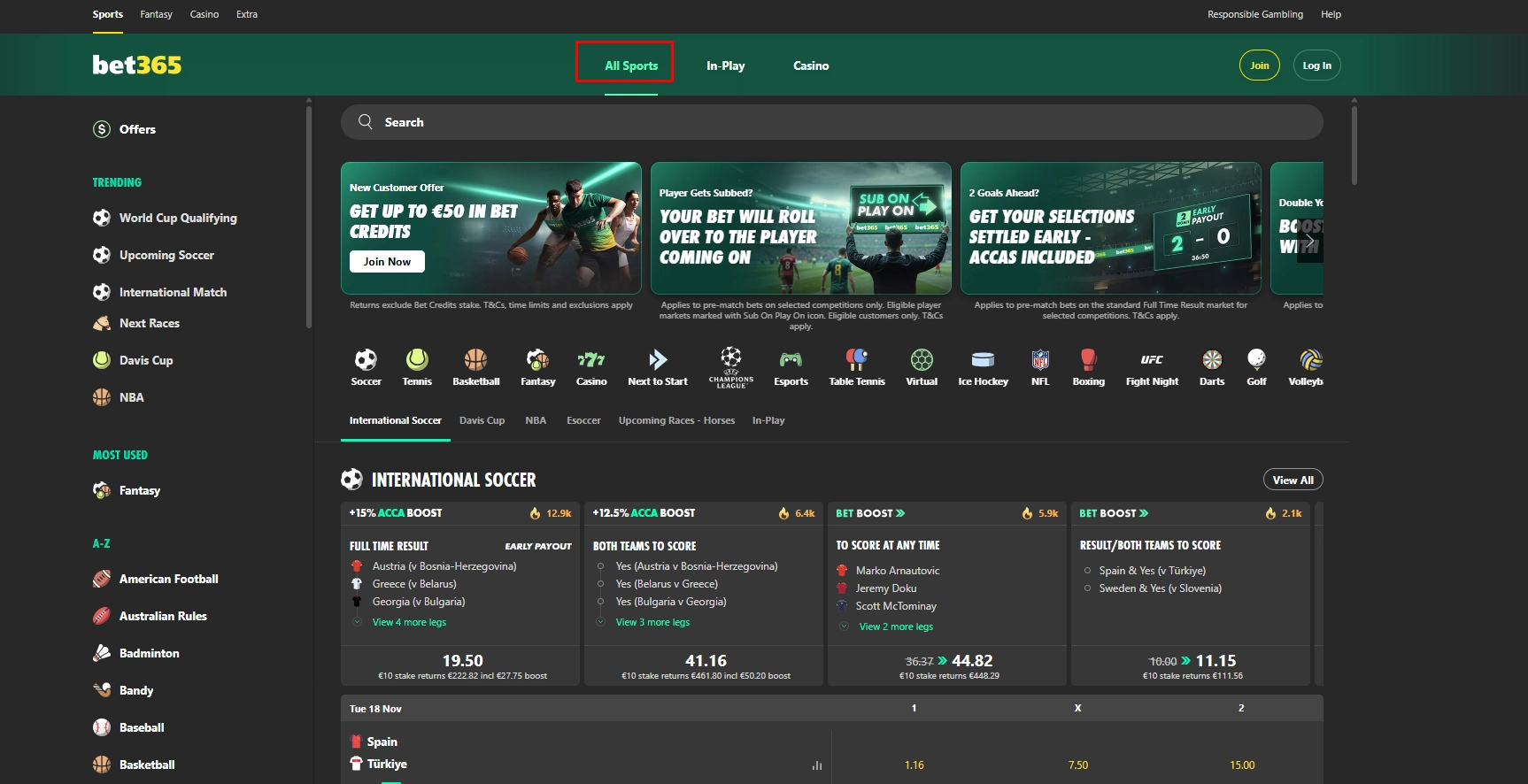 Bet365 homepage displaying extensive sports betting markets and live odds options