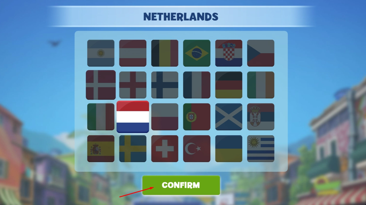 Selection screen displaying various national flags to choose your football team