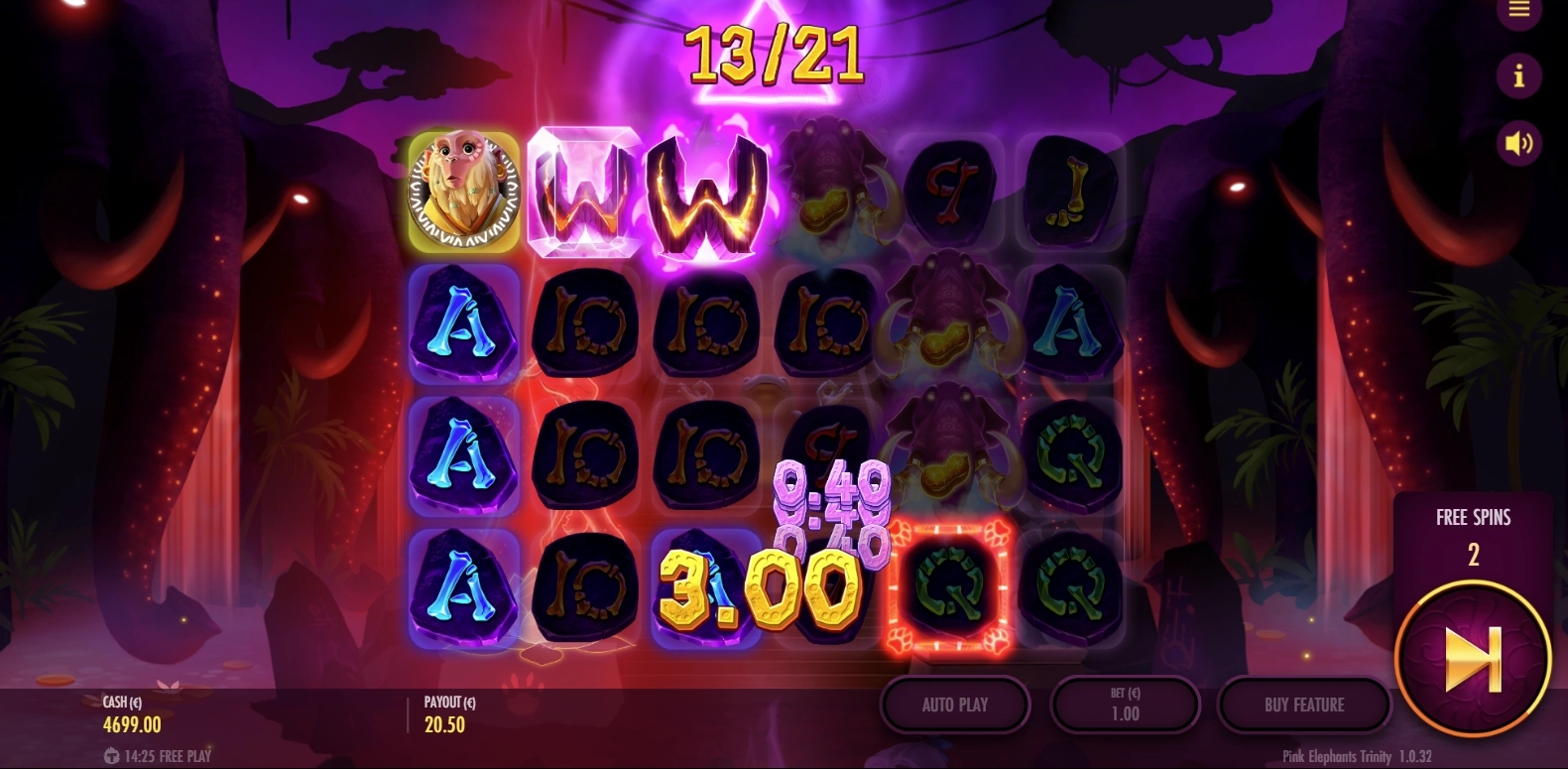 Base gameplay showing scatter peanuts dropping during the mystery feature trigger