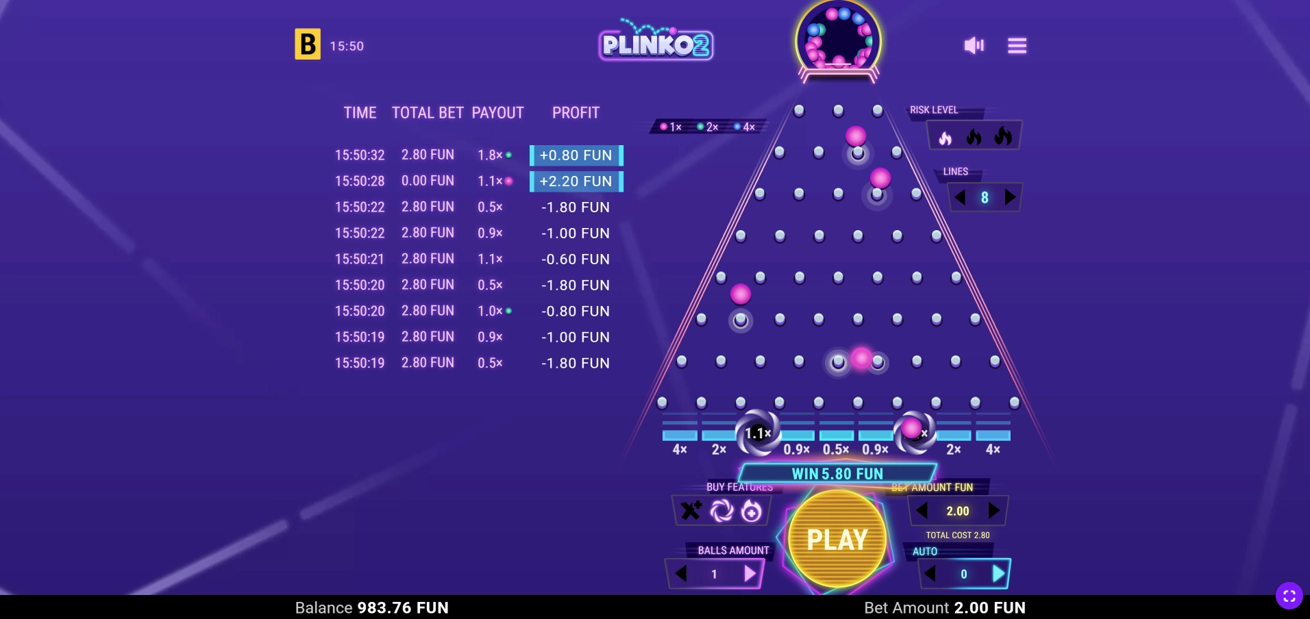 Landing a winning payout multiplier during a round of Plinko 2 with neon graphics
