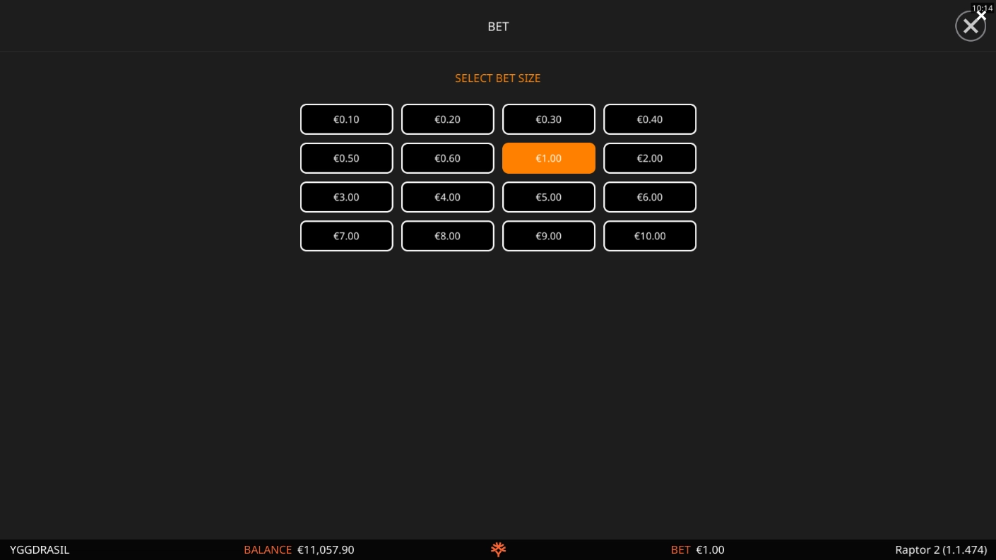 Interface showing different bet sizes in Raptor DoubleMax 2 by Yggdrasil Gaming