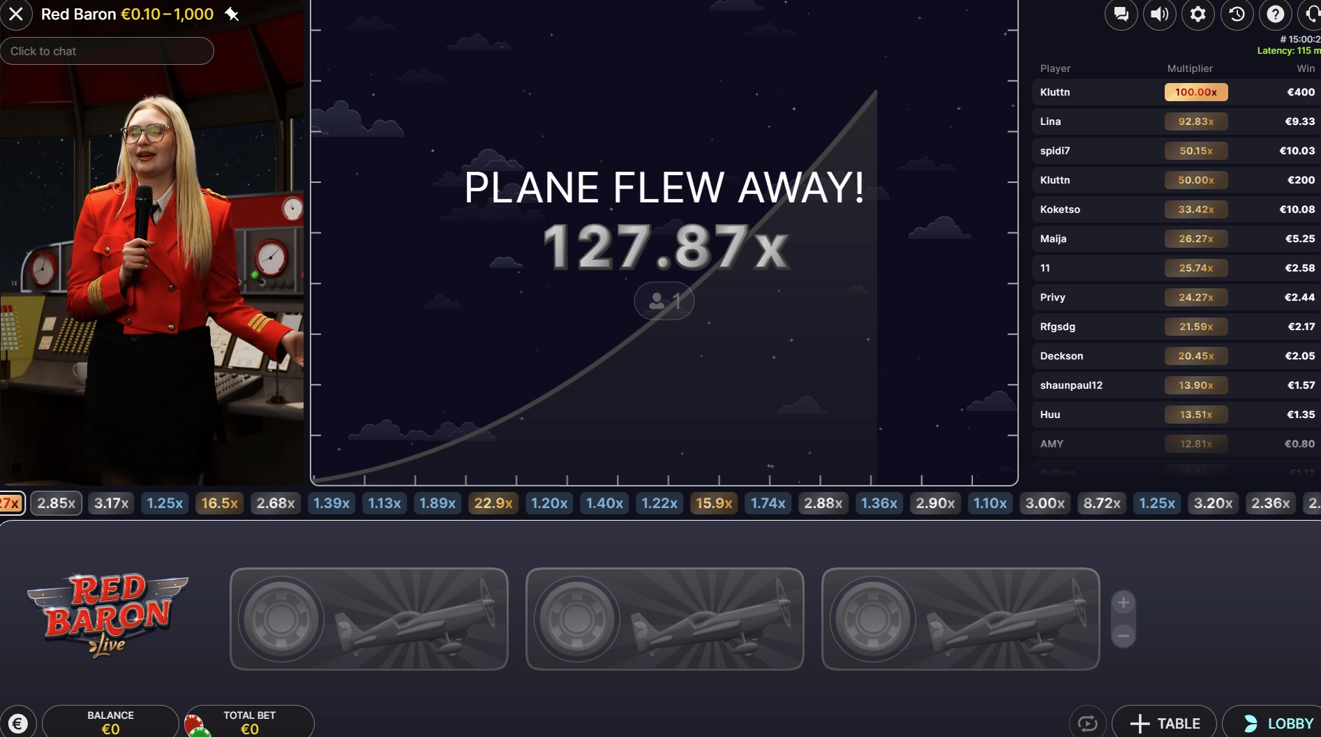 The Red Baron Live game showing the flew away crash moment.